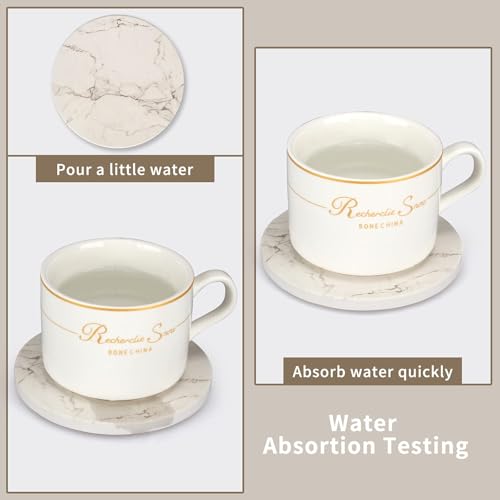 White Marble Coasters Set of 6 with Cork Non-Slip Bottom and Gold Holder - Absorbent Ceramic Drink Coasters