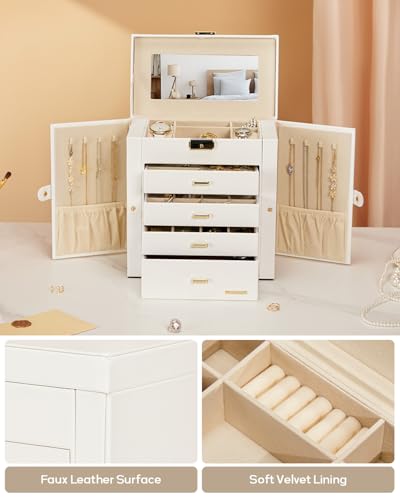 Large Jewelry Box Organizer with Lock - 5-Layer Storage for Necklaces, Earrings, Rings & Watches