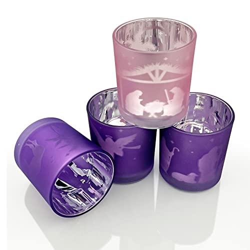 Glass Advent Candle Holders Set of 4 - Christmas Nativity Table Decor