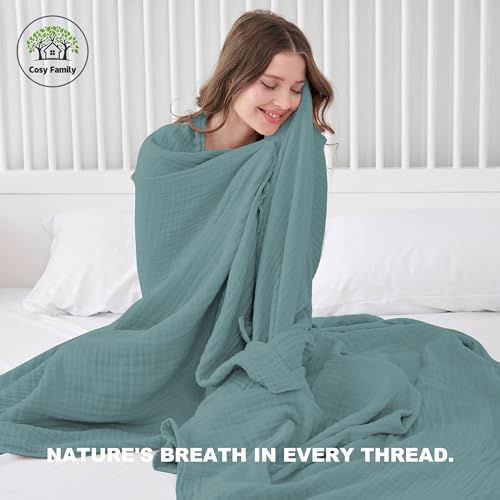 4-Layer Muslin Bed Blanket - Soft 100% Cotton, Green 55x80in