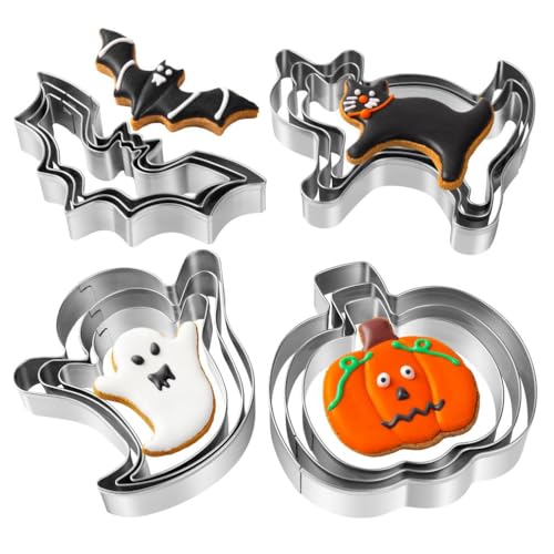 Halloween Cookie Cutters Set - 12 Stainless Steel Shapes: Pumpkin, Ghost, Bat & Cat
