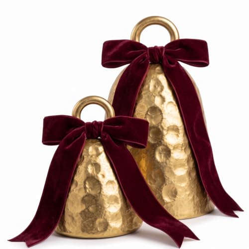 Novabright Gold Cow Bell Christmas Resin Table Bell Set with Red Ribbon, 2 Sizes