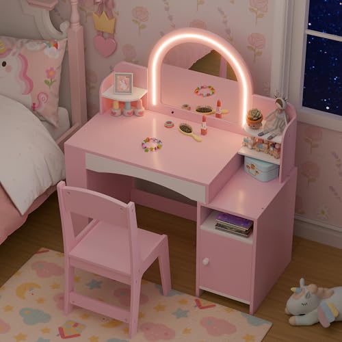 Kids Vanity Table Set with Lighted Mirror, Bookshelf and Stool (Pink)