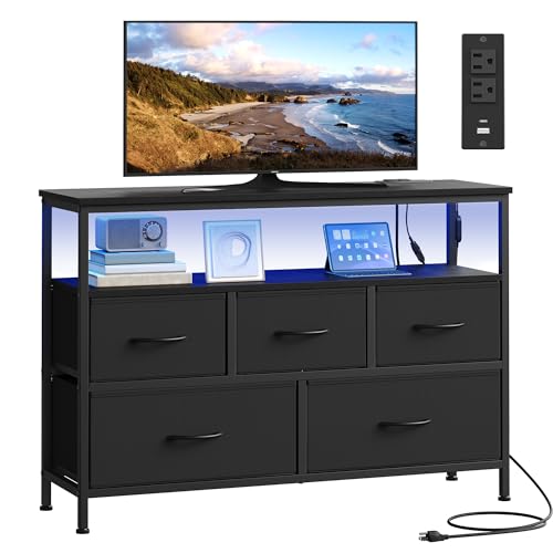 5-Drawer Dresser with LED Lights and Charging Station, Modern Storage Chest