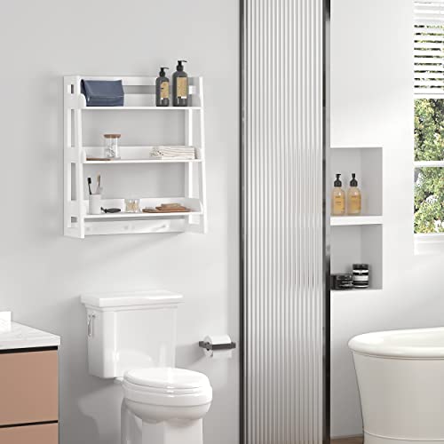 3-Tier Wall-Mounted Ladder Shelf with Hooks, White Wood Storage Organizer