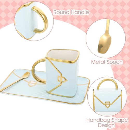 Handbag-Shaped Ceramic Coffee Mug Set with Saucers & Spoons, 10 Oz, Gift Ready