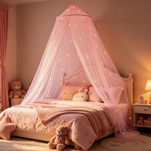 Glow-in-the-Dark Stars Pink Bed Canopy - Princess Netting for Kids Bed