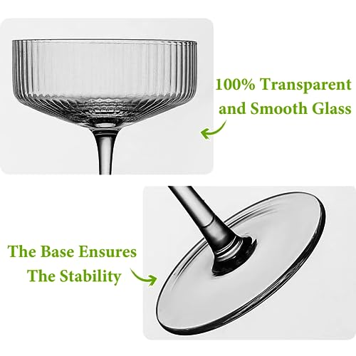 4-Piece Ribbed Coupe Glass Set, 10 oz Vintage Crystal Cocktail Glassware