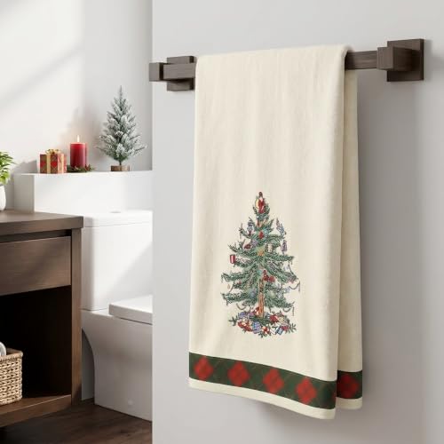 Spode Christmas Bath Towel - Festive Holiday Cotton Towel, Soft & Absorbent, 27x50 inches, Tartan Border
