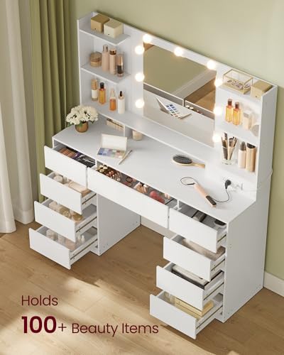 Modern Makeup Vanity Desk with Mirror, 9 LED Bulbs, and 9 Drawers
