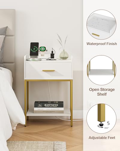 Modern 3-Tier Bedside Nightstand with Charging Station and Storage Drawer