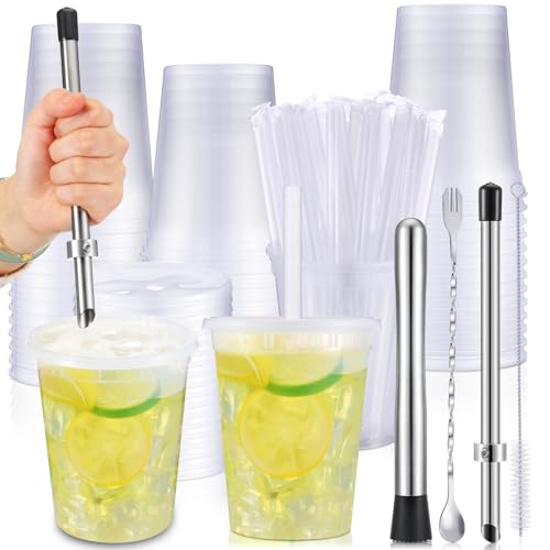 30oz Clear Plastic Lemonade Cups Set with Lids and Straws, 24-Pack