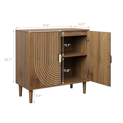Walnut Wood Sideboard Cabinet with Adjustable Shelf and Line Groove Design