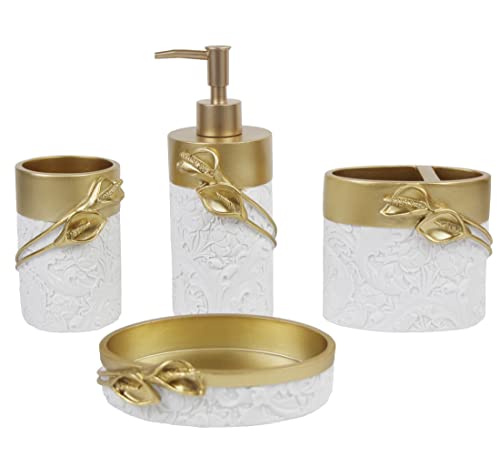 4-Piece Resin Bathroom Accessory Set, Gold Decorative Vanity Organizer