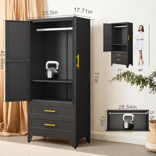 71" Metal Wardrobe Cabinet with 2 Drawers, Adjustable Shelf & Hanging Rod