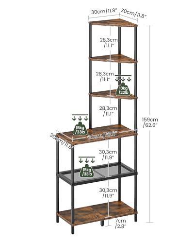 6-Tier Industrial Corner Bookshelf, Rustic Brown Storage Display Stand