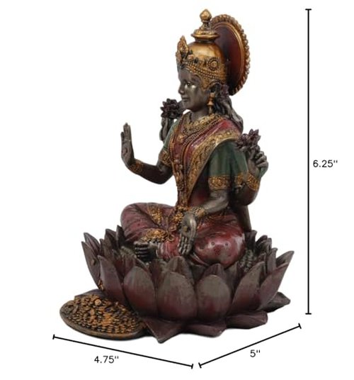 Ebros Beautiful Hindu Goddess Lakshmi Seated On Lotus Flower Statue 6.25" Tall Eastern Enlightenment Resin Altar Decor Figurine
