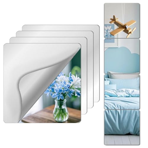 4-Pack Unbreakable Mirror Tiles, 10x10 Inch Peel and Stick Wall Mirrors