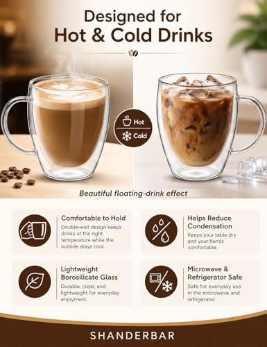 Shanderbar 12oz Double Walled Glass Coffee Mugs Set of 4 with Handles
