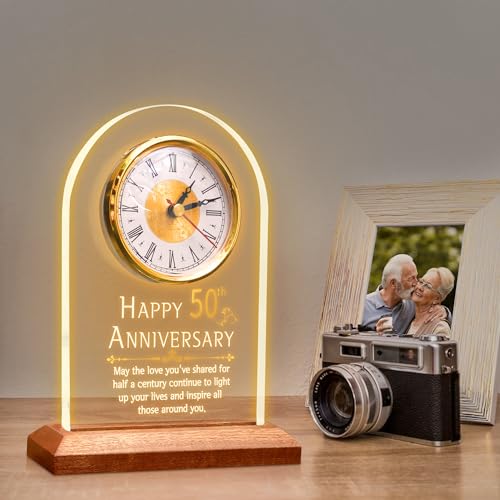 50th Wedding Anniversary Desk Clock with LED Light and Wooden Base
