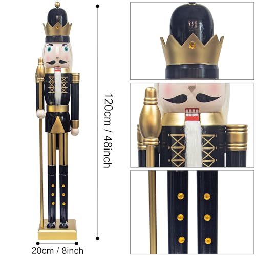 KI Store 4ft Christmas Nutcracker King Figurine – Black & Gold Wooden Soldier for Front Door, Tree & Mantel