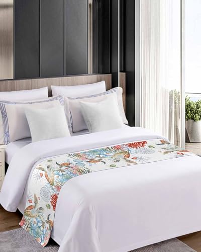Coastal Sea Turtle Satin Bed Runner for King Size Bed - 94 x 20 Inch