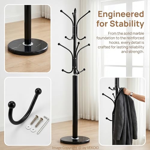 Freestanding Metal Coat Rack with Marble Base - 12 Hooks, Black