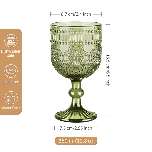 Vintage Sunflower Embossed Wine Goblets - 12 oz Green Stemmed Glassware (Set of 4)