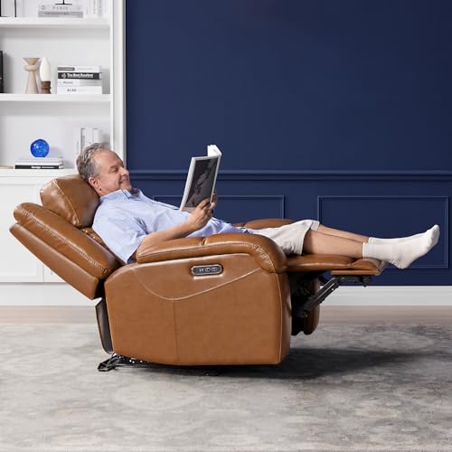 Genuine Leather Power Wall Hugger Recliner with Power Headrest & USB Ports