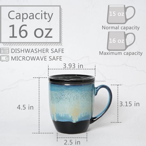 Bosmarlin 16 Oz Blue Ceramic Tea Mug with Infuser & Lid - Microwave & Dishwasher Safe
