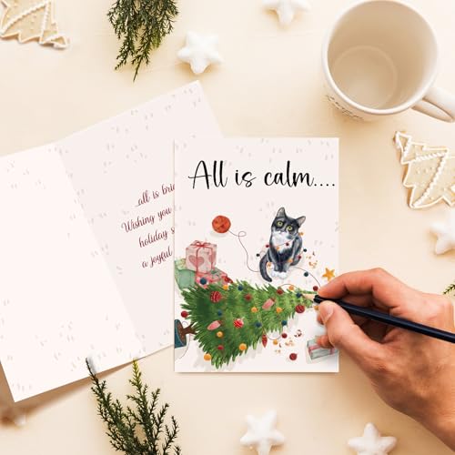 Oamiolek Funny Cat Christmas Card - Holiday Greeting for Cat Lovers, All Is Calm All Is Bright - Cat Variation