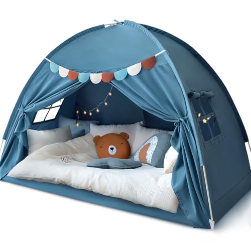 Kids Twin Bed Privacy Tent - Indoor Playhouse Canopy with Dual Doors, Blue