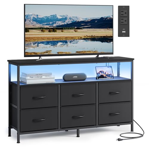 6-Drawer Dresser with Charging Station & LED Lights, Modern TV Stand
