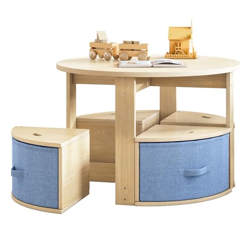 Kids Round Table and Chair Set with Storage Drawers - Wooden Toddler Activity Furniture