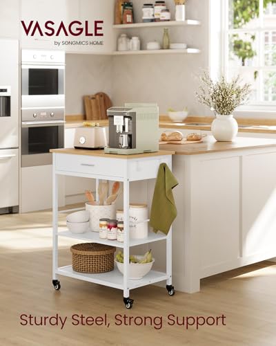 Mobile Kitchen Island Cart with Storage Drawer and Shelves, Oak and White