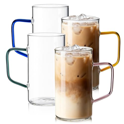 COMI 17oz Borosilicate Glass Mugs Set of 4 with Colorful Handles