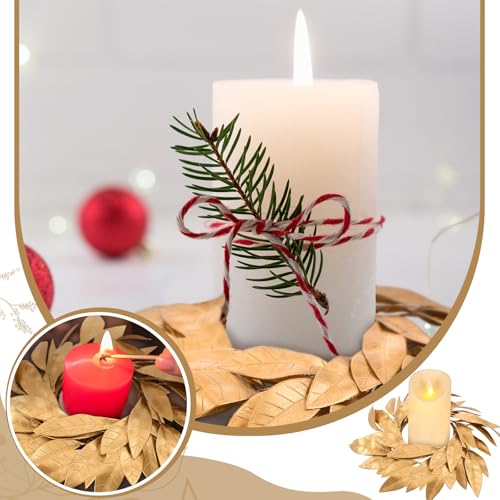 Gold Bay Leaf Candle Ring Wreaths - 2-Piece Christmas Centerpieces (3.9 In)