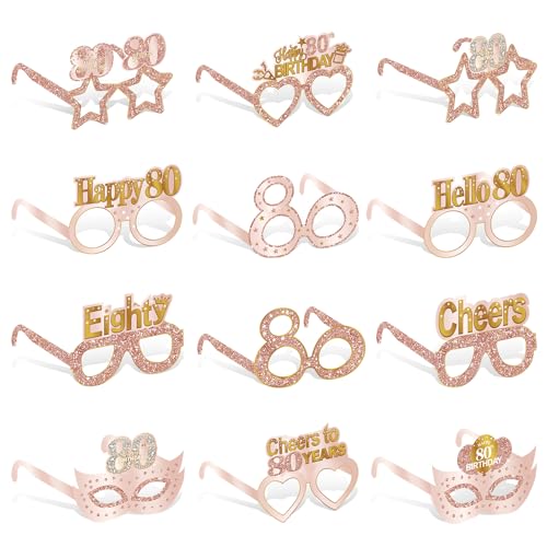80th Birthday Paper Eyeglasses Photo Booth Props - 24 Pack Rose Gold