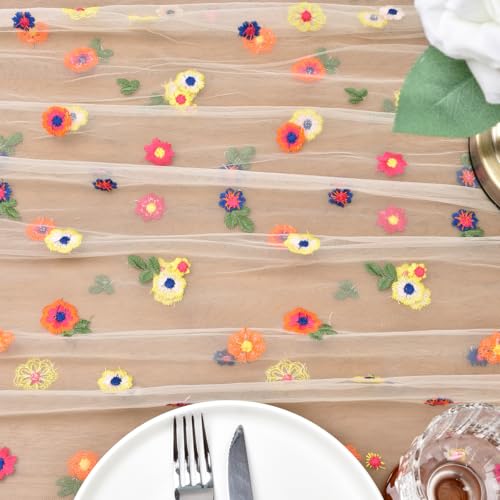 Embroidered Daisy Tulle Table Runner 10ft Floral Table Decor for Weddings