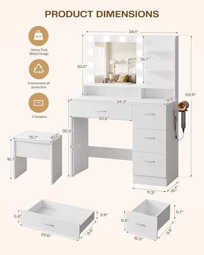 White Makeup Vanity Desk with Lighted Mirror, Charging Station & Stool
