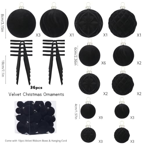 36pcs Velvet Christmas Ball Ornaments Set – Hiecreafy Black (3 Sizes, 4 Shapes)