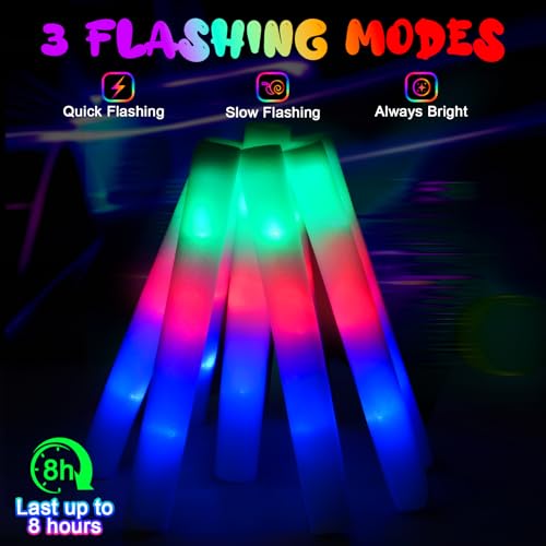 HONLYNE 46 PCS Foam Glow Sticks with 3 Modes - Colorful LED Foam Light Up Party Sticks