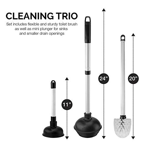 NEIKO 60168A Toilet Plunger Set, 4 Piece, Bonus Mini Sink & Drain Plunger, Toilet Bowl Brush & Caddy, Patented All-Angle Design, Telescopic Aluminum Handle, Bathroom Toilet Brush and Plunger Set