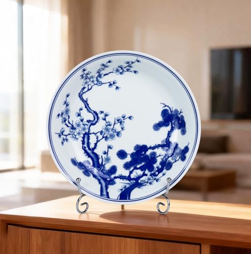8-Inch Blue and White Ceramic Decorative Plate with Display Stand
