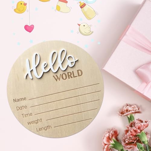 Wooden Hello World Baby Announcement Sign - 5.9 Inch Birth Stats Prop