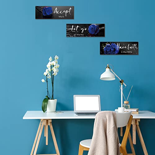 3-Piece Inspirational Floral Wooden Wall Art Set - Blue Rose Decor 12x4 Inch