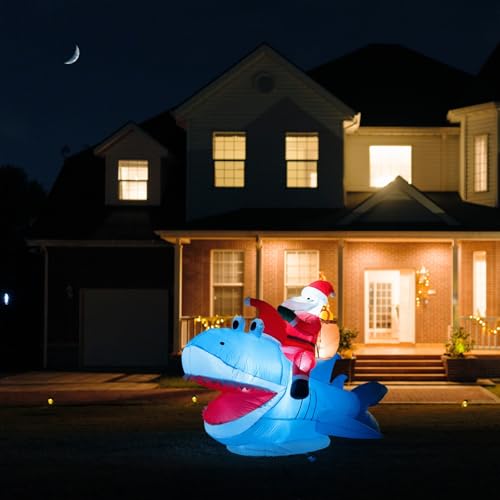 TIUIRE 8.5FT Outdoor Inflatable Santa Riding Shark Christmas Yard Decor - Funny Xmas Blow Up