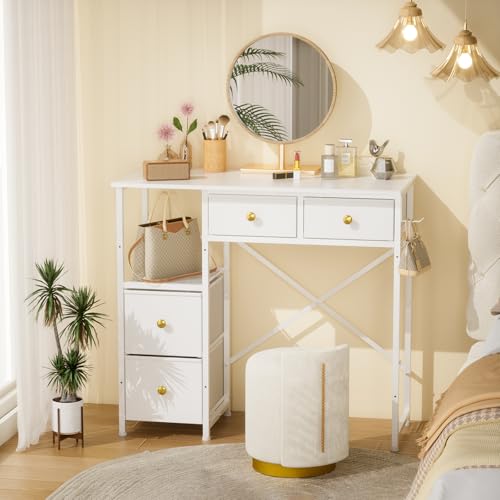 Small White Vanity Desk with 4 Fabric Drawers, 33.5-Inch Dressing Table