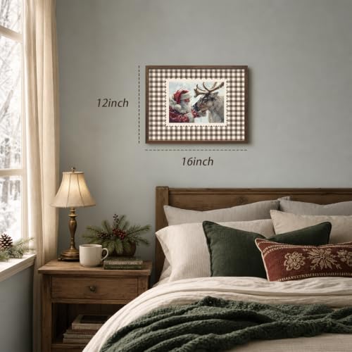 Vintage Santa Claus and Reindeer Wall Art Christmas Print Framed 16L x 12W Brown