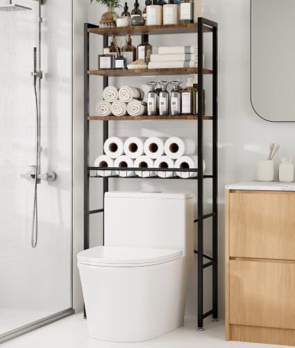 4-Tier Over-the-Toilet Storage Rack with Wooden Shelves & Net Basket